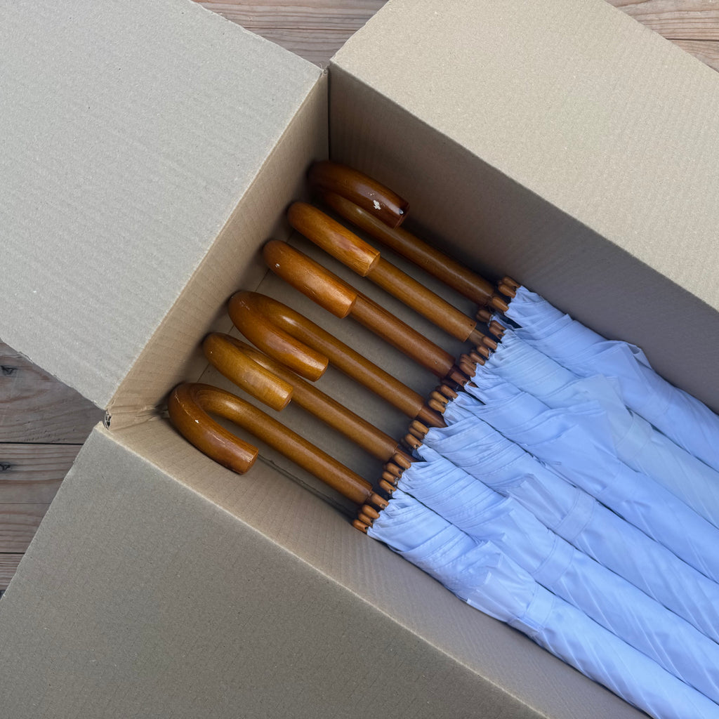 Ex Hire Package // Set of 6 White Woodstick Umbrellas #100