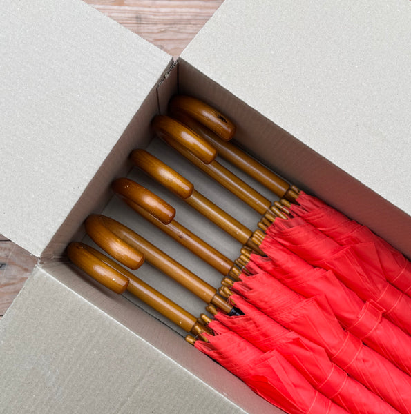 Ex Hire Package // Set of 6 Bright Orange (Vibrant Coral) Woodstick Umbrellas #764