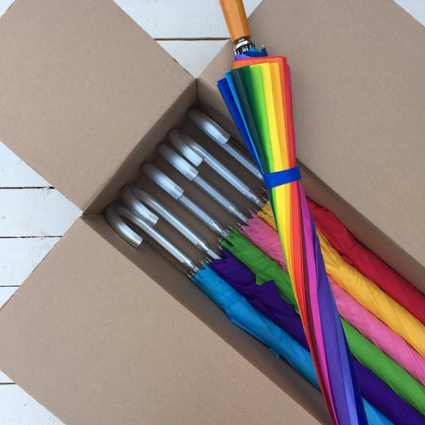 Set of 6 Ex Hire Umbrellas 'Rainbow Mix' + Rainbow Golf